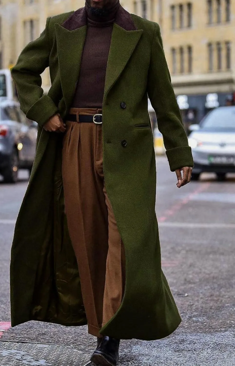 Man's Double Breasted Full Length Trench Coat Mens Casual Notch Lapel Long Jacket Peacoat Wool Blend Winter
