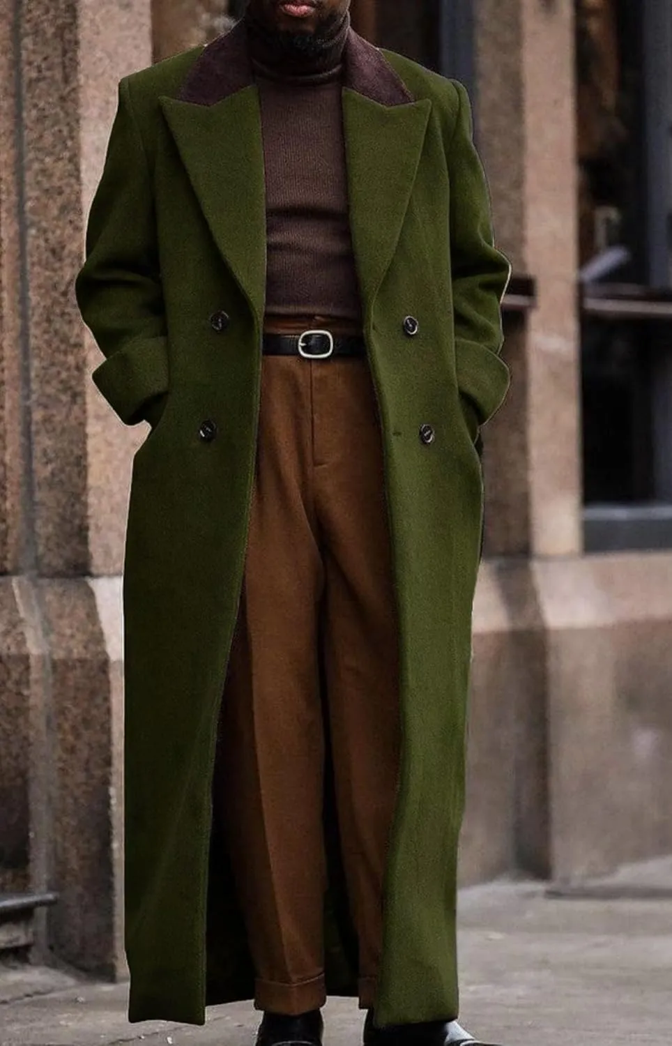Man's Double Breasted Full Length Trench Coat Mens Casual Notch Lapel Long Jacket Peacoat Wool Blend Winter