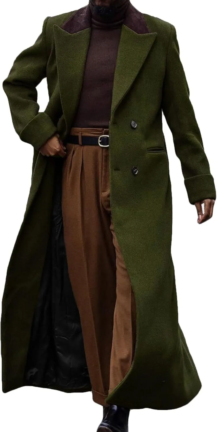 Man's Double Breasted Full Length Trench Coat Mens Casual Notch Lapel Long Jacket Peacoat Wool Blend Winter