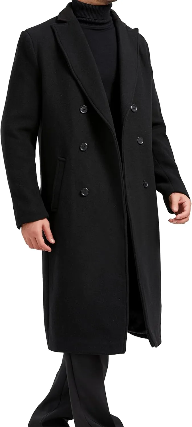 Mens Black Overcoat Wool & Cashmere Double Breasted Long Coat Winter Jacket