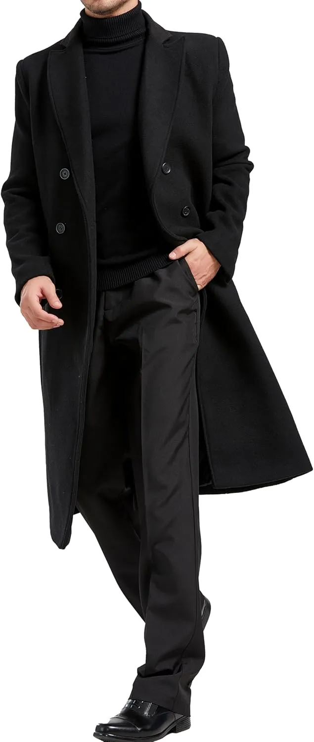 Mens Black Overcoat Wool & Cashmere Double Breasted Long Coat Winter Jacket