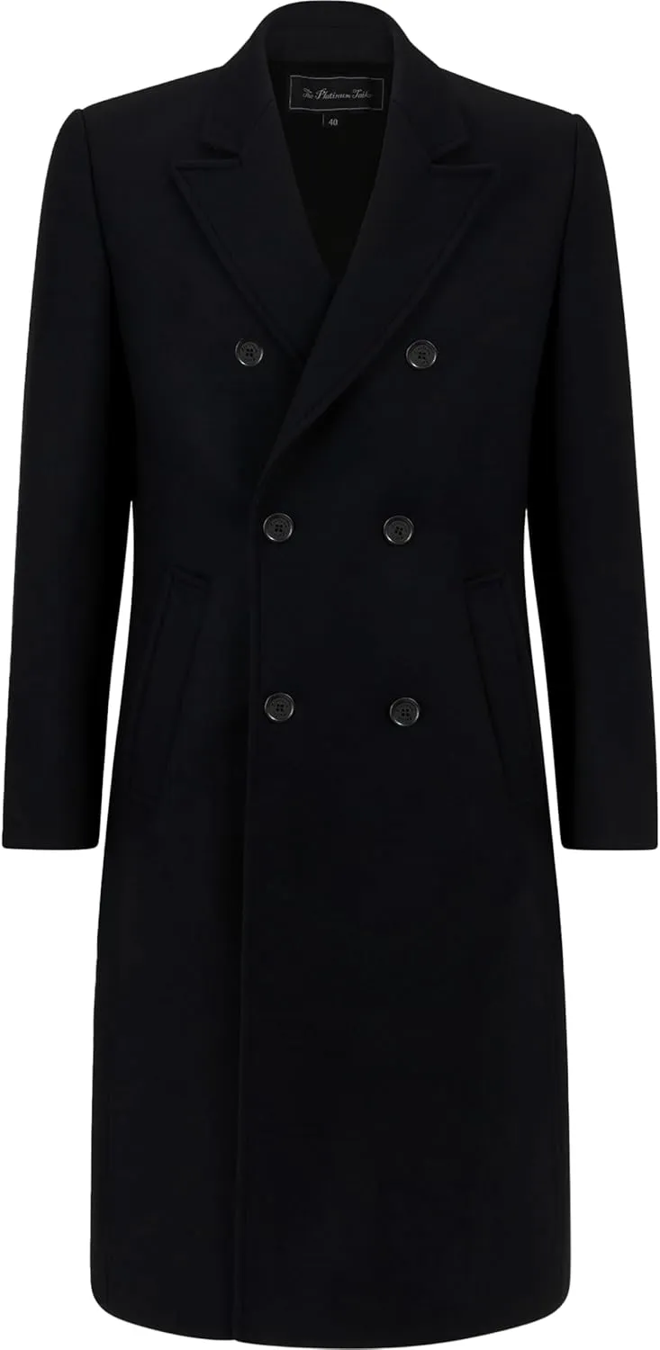 Mens Black Overcoat Wool & Cashmere Double Breasted Long Coat Winter Jacket