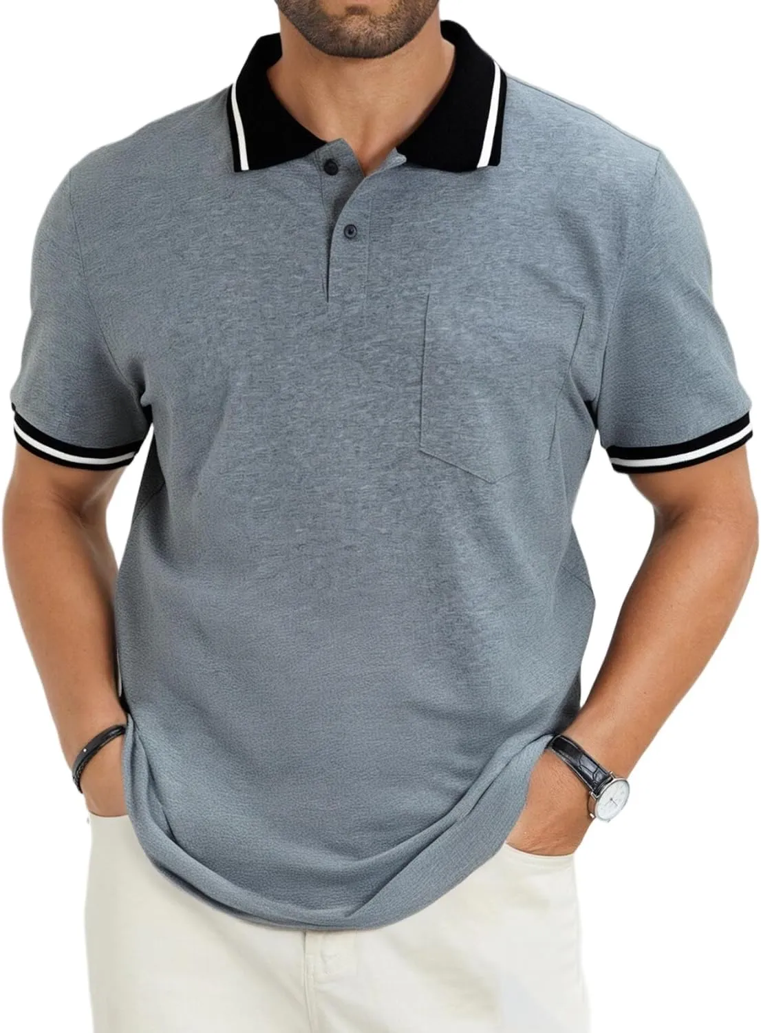 Men's Casual Short Sleeve Polo Shirts Classic Button Summer Collared Golf Top T-Shirt with Pocket