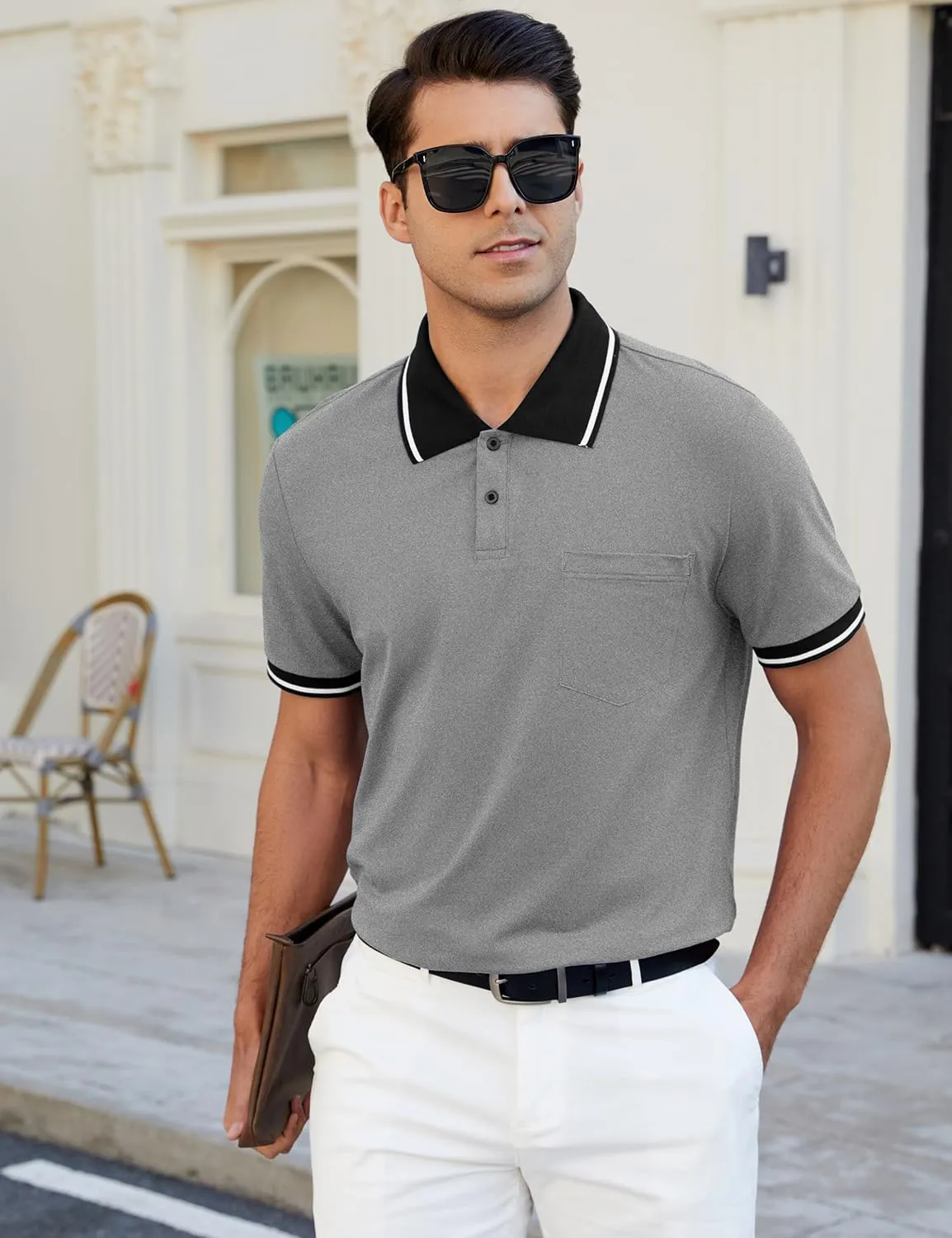 Men's Casual Short Sleeve Polo Shirts Classic Button Summer Collared Golf Top T-Shirt with Pocket