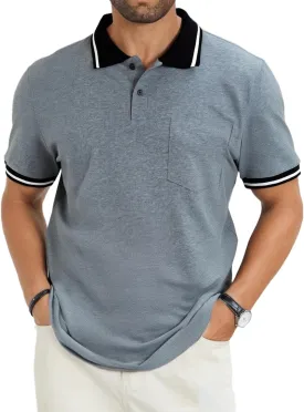 Men's Casual Short Sleeve Polo Shirts Classic Button Summer Collared Golf Top T-Shirt with Pocket