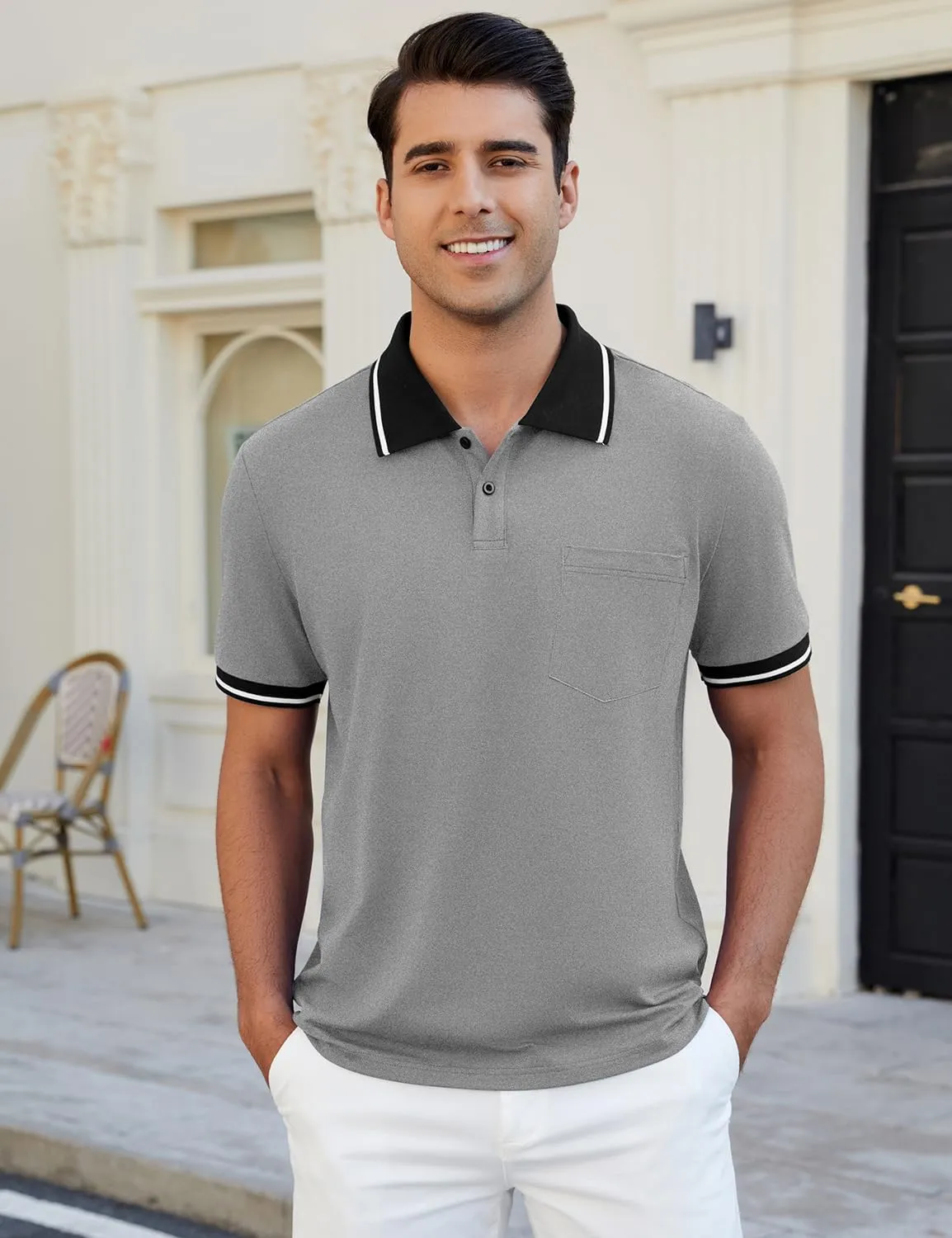 Men's Casual Short Sleeve Polo Shirts Classic Button Summer Collared Golf Top T-Shirt with Pocket