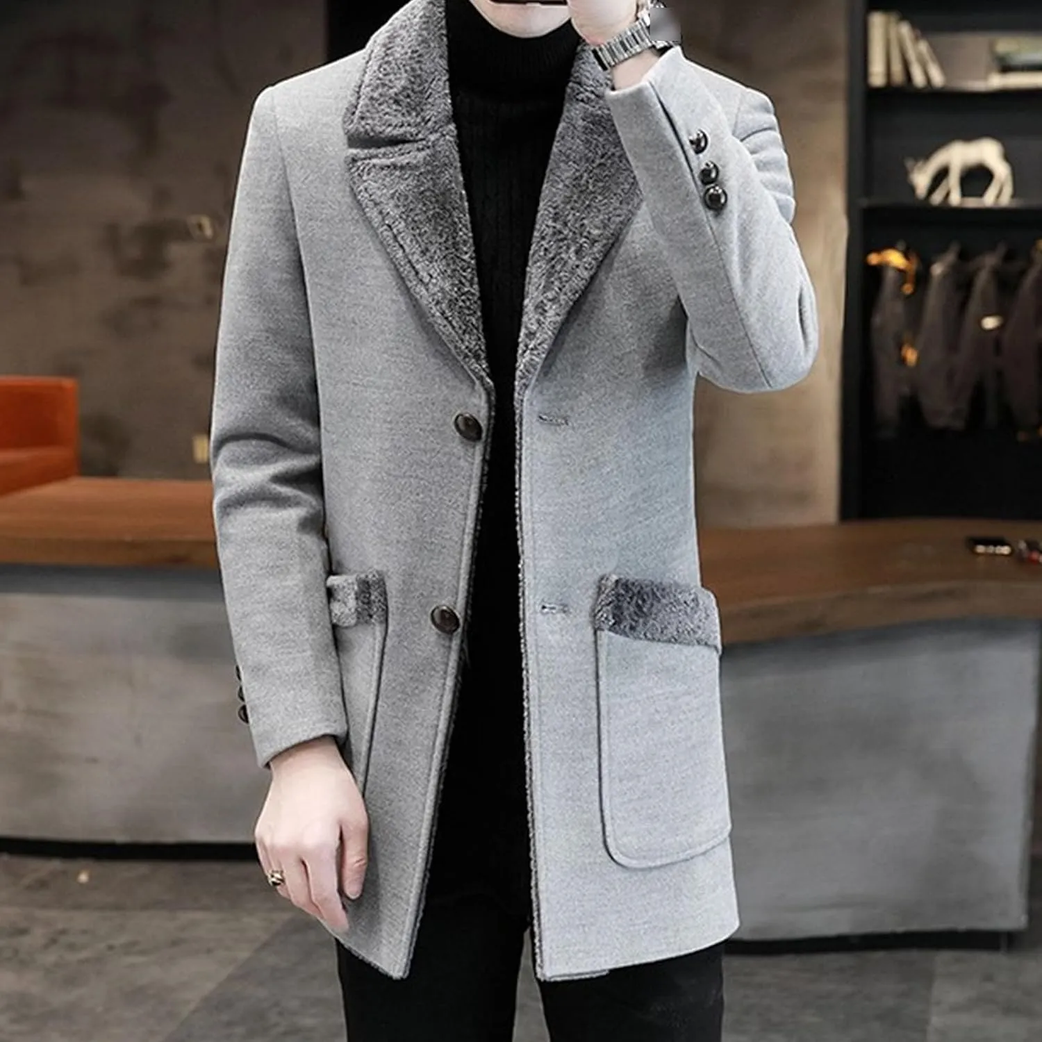 Men's Fleece Fur Lapel Blazer Double Breasted Winter Sport Coat Wool Blend Trench Jacket for Men