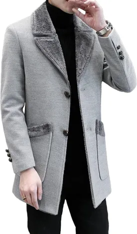 Men's Fleece Fur Lapel Blazer Double Breasted Winter Sport Coat Wool Blend Trench Jacket for Men