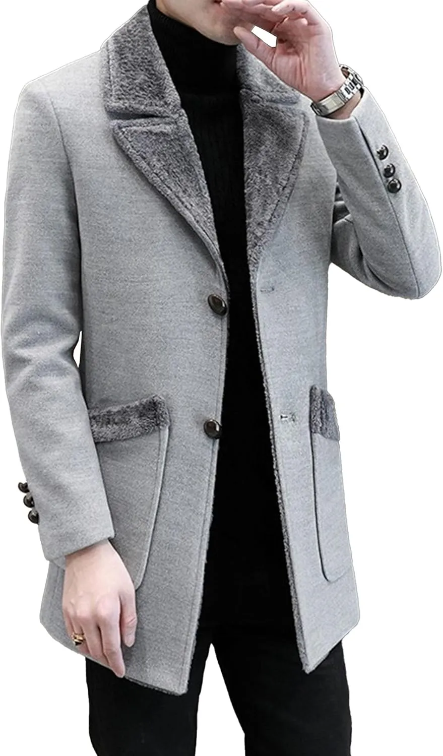 Men's Fleece Fur Lapel Blazer Double Breasted Winter Sport Coat Wool Blend Trench Jacket for Men