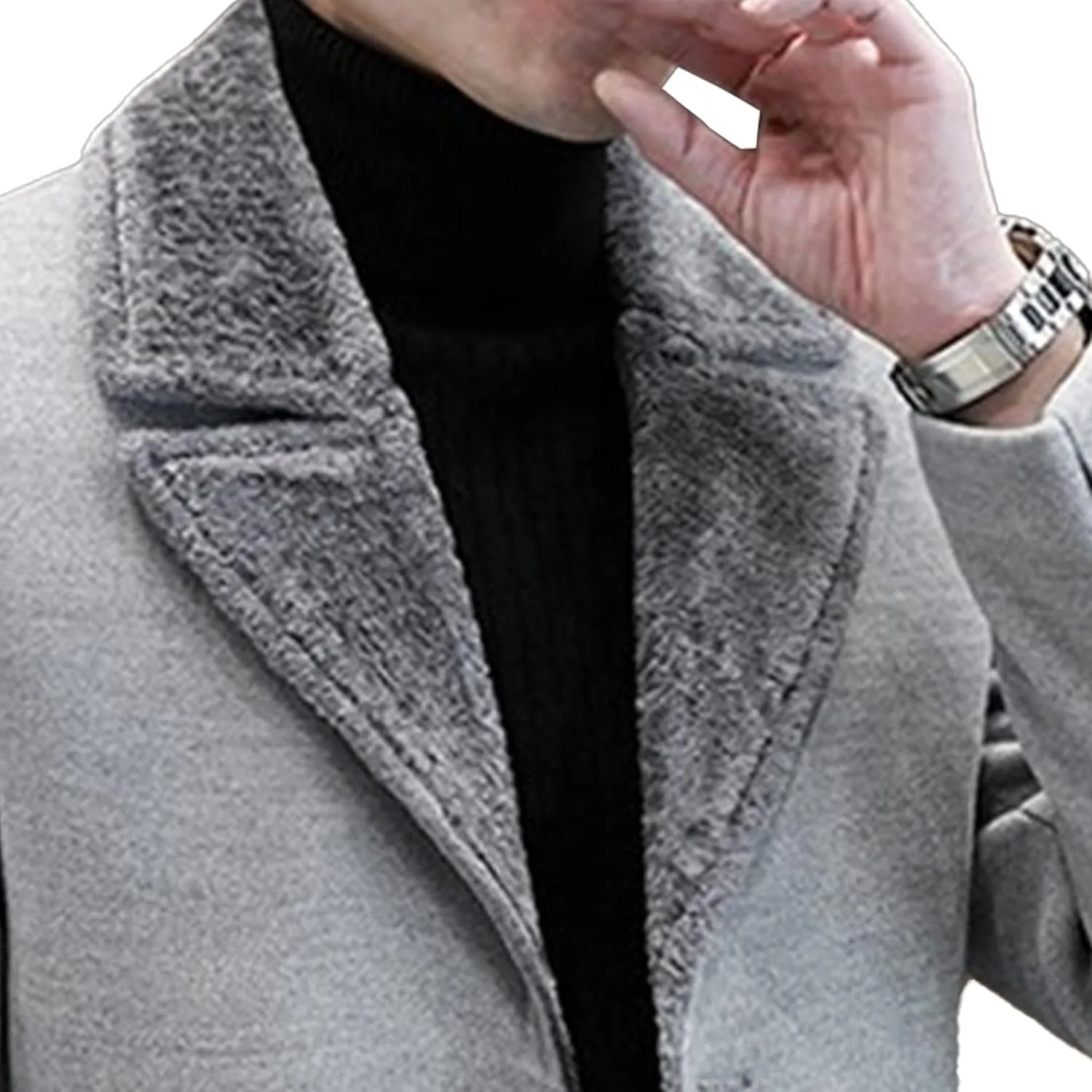 Men's Fleece Fur Lapel Blazer Double Breasted Winter Sport Coat Wool Blend Trench Jacket for Men