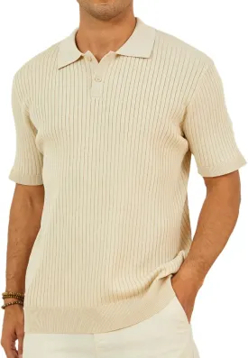 Mens Textured Knit Polo Shirts V-Neck Short Sleeve Polo Shirt Stretchy Casual Golf Shirts Knitted Polo