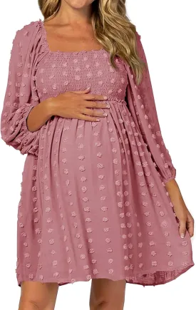 Ofenbuy Women's Long Sleeve Maternity Dress Square Neck Swiss Dot Casual Loose Short Dresses