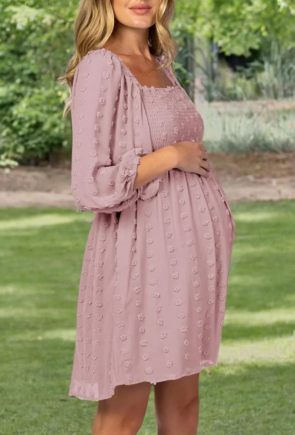 Ofenbuy Women's Long Sleeve Maternity Dress Square Neck Swiss Dot Casual Loose Short Dresses