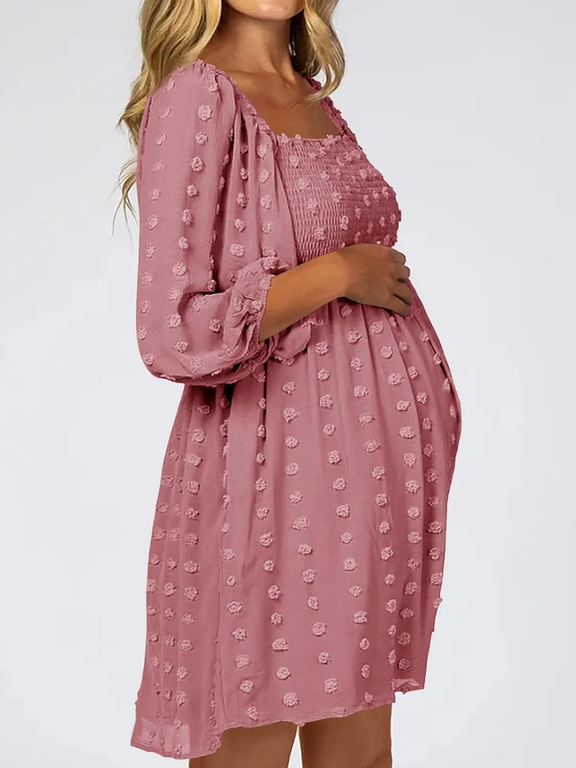 Ofenbuy Women's Long Sleeve Maternity Dress Square Neck Swiss Dot Casual Loose Short Dresses