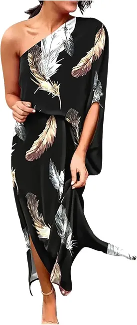 PETYCZEN One Shoulder Dresses for Women Summer Floral Print Batwing Sleeve Ruched Dress Sexy Side Split Club Cocktail Dresses