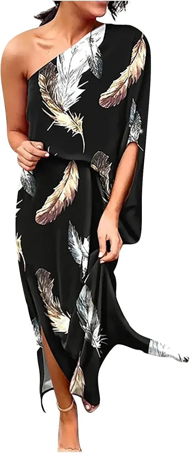 PETYCZEN One Shoulder Dresses for Women Summer Floral Print Batwing Sleeve Ruched Dress Sexy Side Split Club Cocktail Dresses