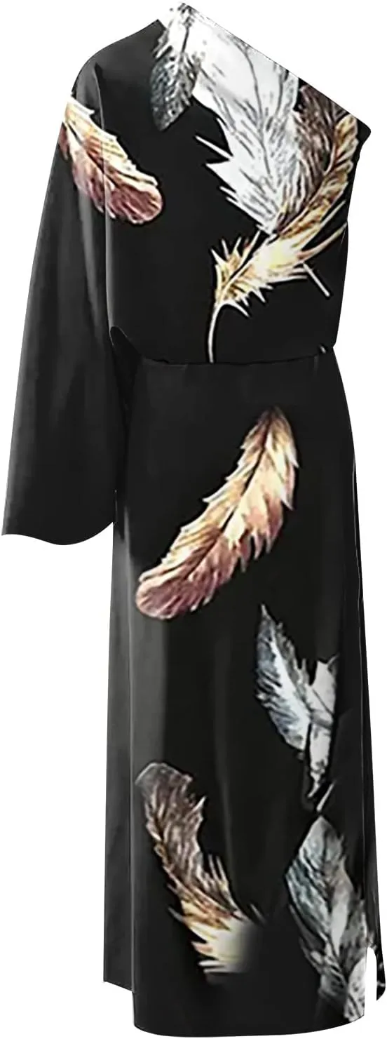 PETYCZEN One Shoulder Dresses for Women Summer Floral Print Batwing Sleeve Ruched Dress Sexy Side Split Club Cocktail Dresses