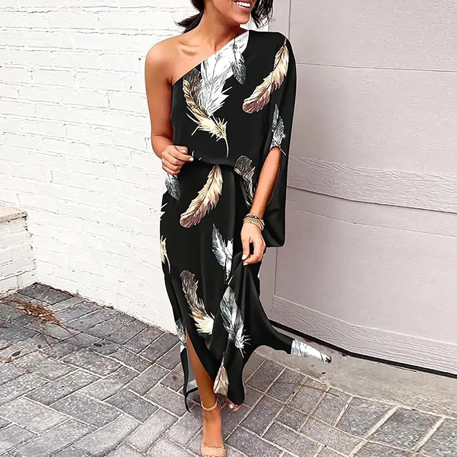 PETYCZEN One Shoulder Dresses for Women Summer Floral Print Batwing Sleeve Ruched Dress Sexy Side Split Club Cocktail Dresses