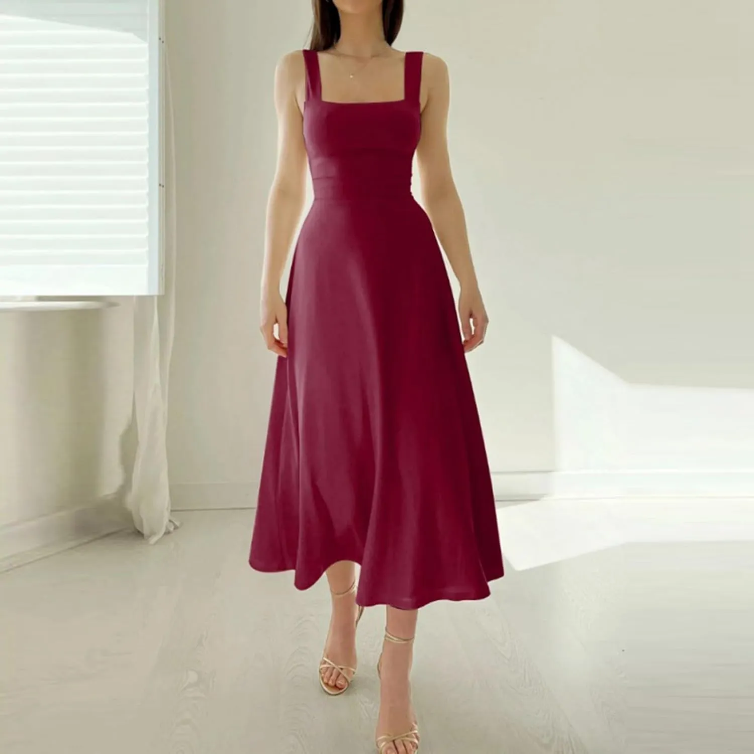 PTOLOCIF Women's Solid Color Thick Shoulder Strap Slim Fit Lace Up Waist Dress Casual Skirt Plus Size Dress Suits