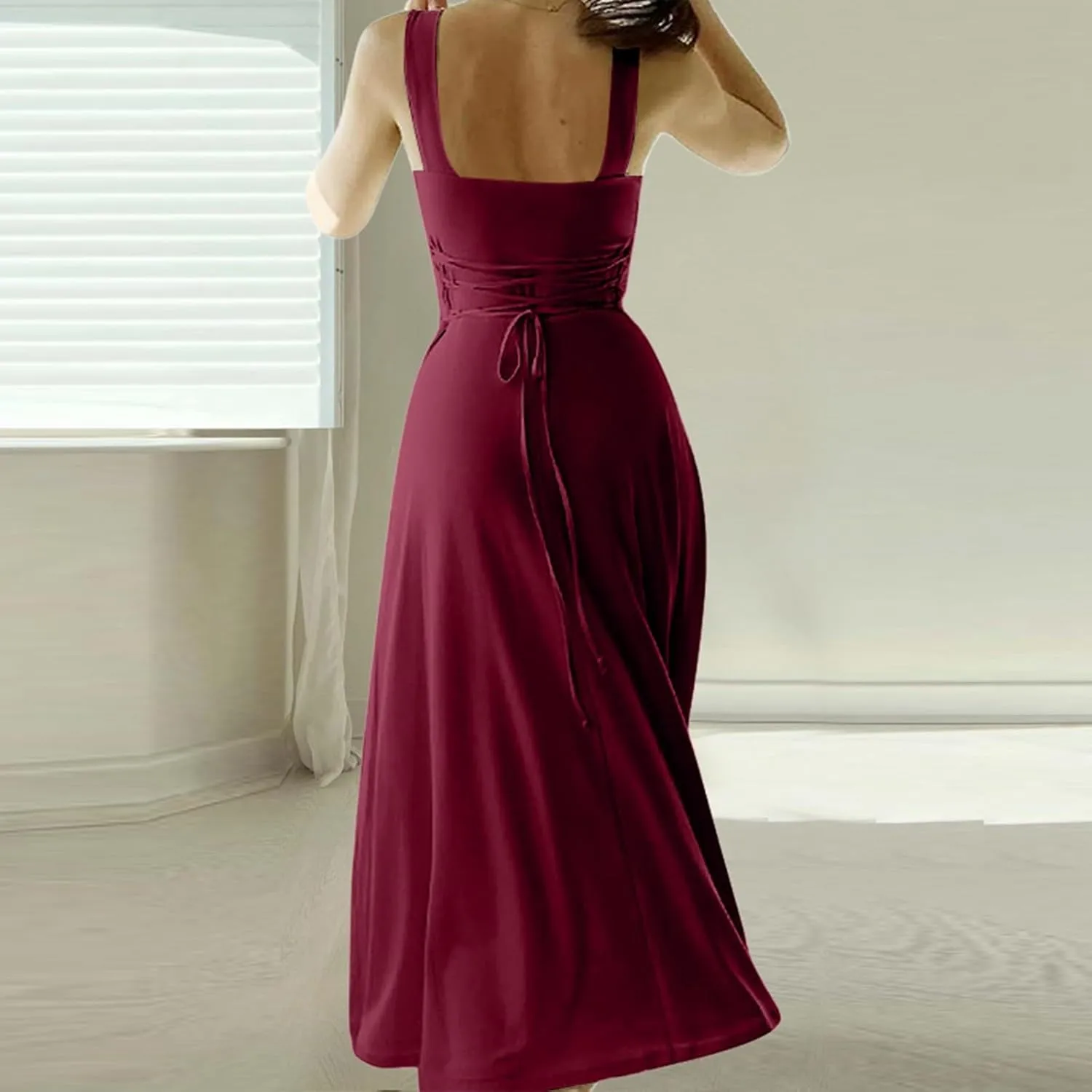 PTOLOCIF Women's Solid Color Thick Shoulder Strap Slim Fit Lace Up Waist Dress Casual Skirt Plus Size Dress Suits