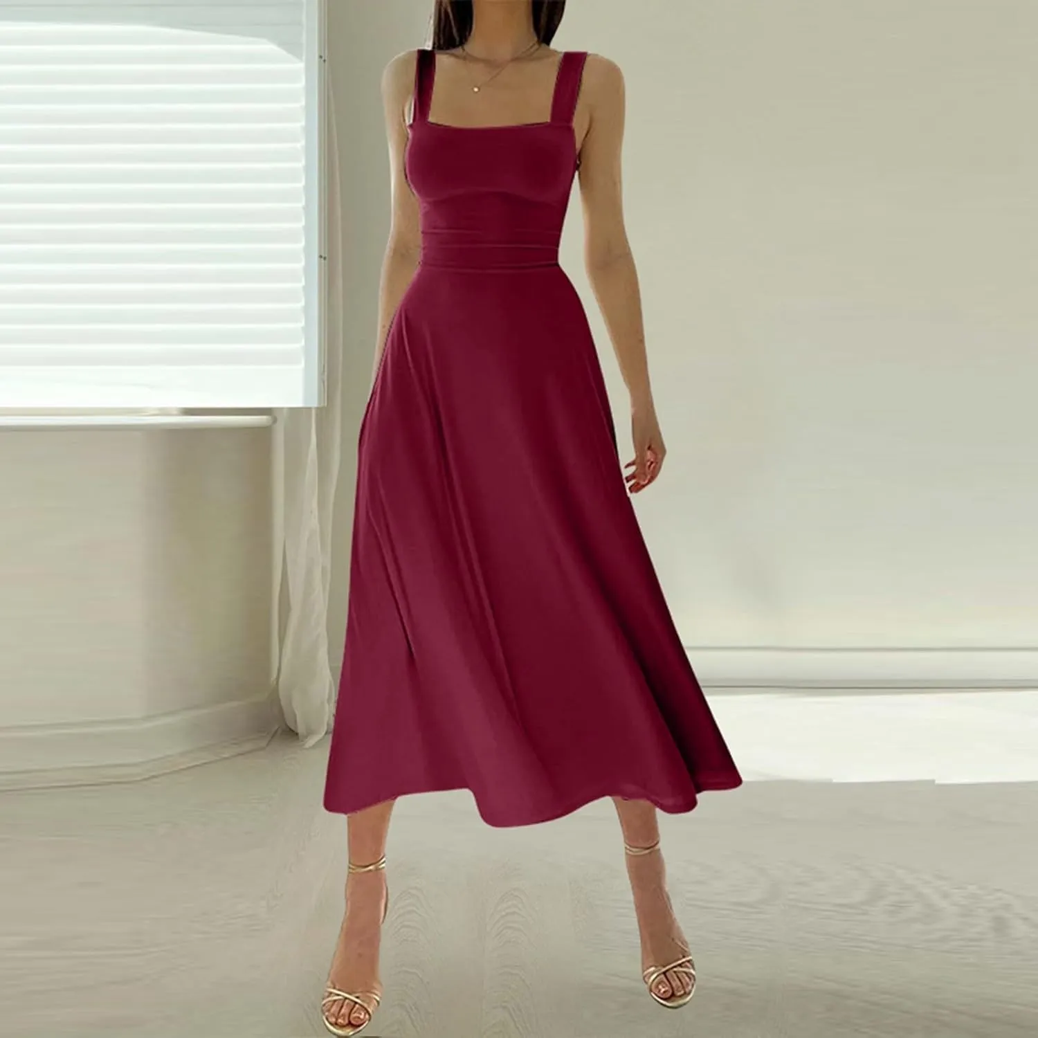 PTOLOCIF Women's Solid Color Thick Shoulder Strap Slim Fit Lace Up Waist Dress Casual Skirt Plus Size Dress Suits