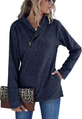 Romanstii Quarter Zip Sweatshirt for Women Fall Long Sleeve Cowl Neck Top 2024 Fashion Pullover with Pockets