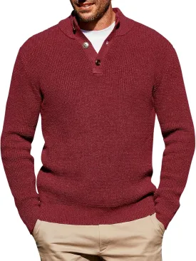 Runcati Mens Pullover Sweater Knitted Quarter Button Stand Collar Casual Thermal Henley Sweaters