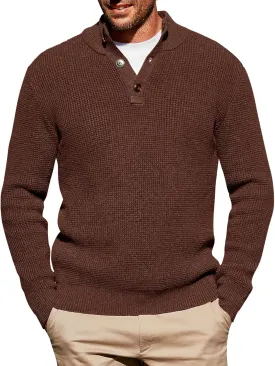 Runcati Mens Pullover Sweater Knitted Quarter Button Stand Collar Casual Thermal Henley Sweaters
