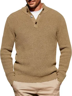 Runcati Mens Pullover Sweater Knitted Quarter Button Stand Collar Casual Thermal Henley Sweaters