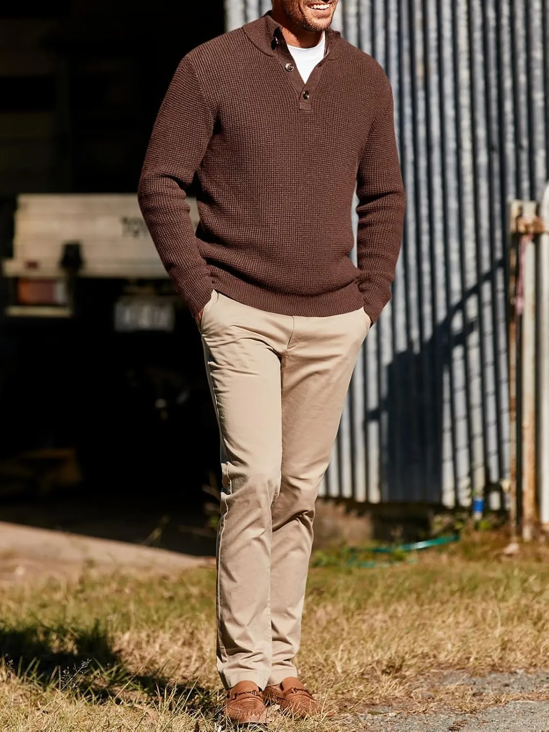 Runcati Mens Pullover Sweater Knitted Quarter Button Stand Collar Casual Thermal Henley Sweaters