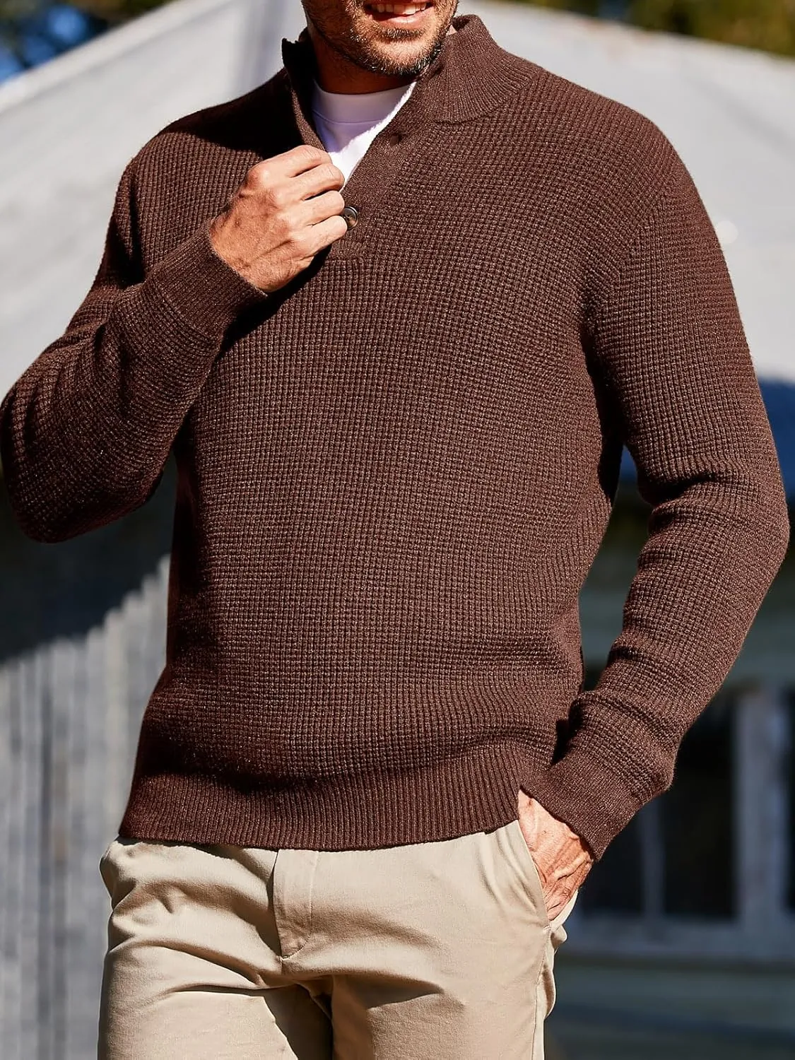 Runcati Mens Pullover Sweater Knitted Quarter Button Stand Collar Casual Thermal Henley Sweaters