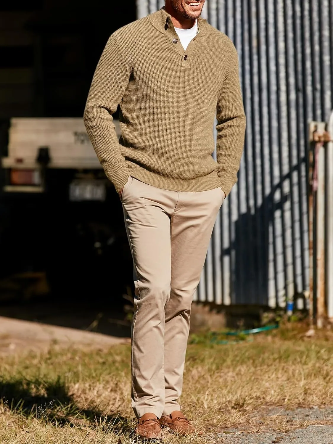 Runcati Mens Pullover Sweater Knitted Quarter Button Stand Collar Casual Thermal Henley Sweaters