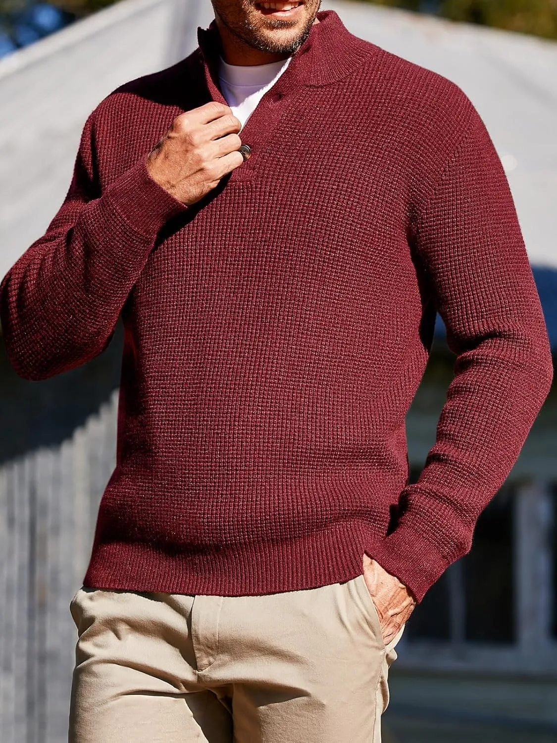 Runcati Mens Pullover Sweater Knitted Quarter Button Stand Collar Casual Thermal Henley Sweaters