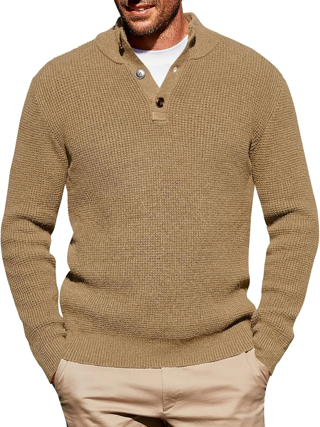 Runcati Mens Pullover Sweater Knitted Quarter Button Stand Collar Casual Thermal Henley Sweaters