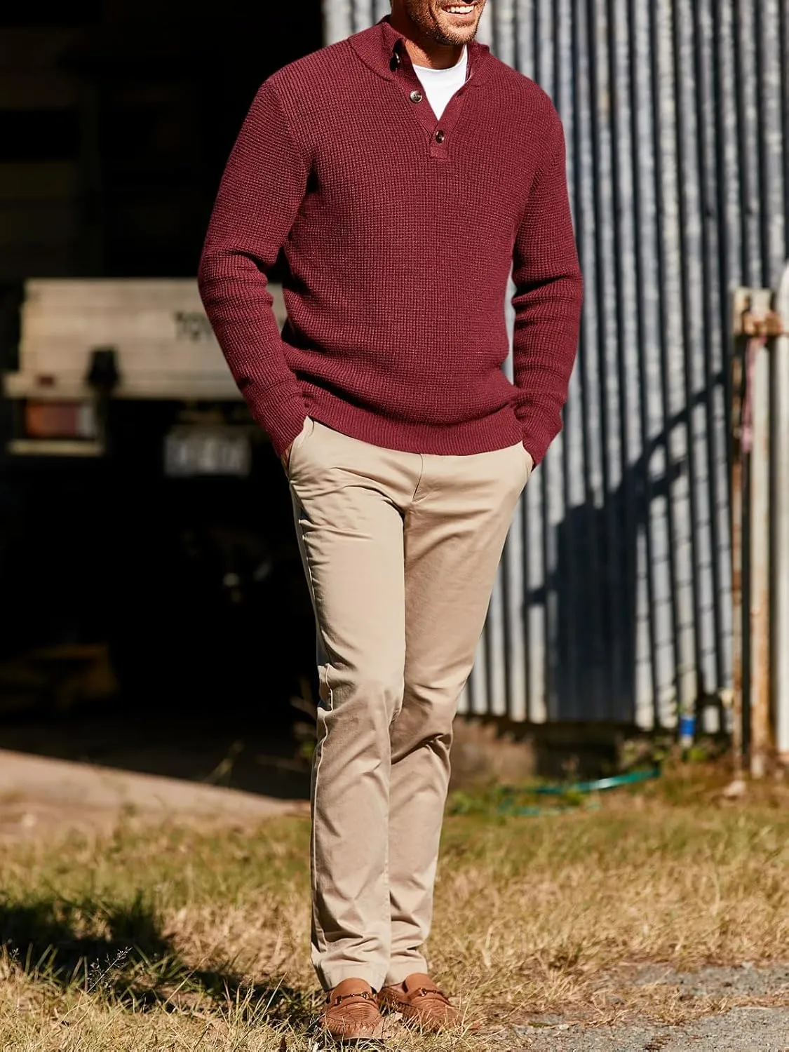 Runcati Mens Pullover Sweater Knitted Quarter Button Stand Collar Casual Thermal Henley Sweaters