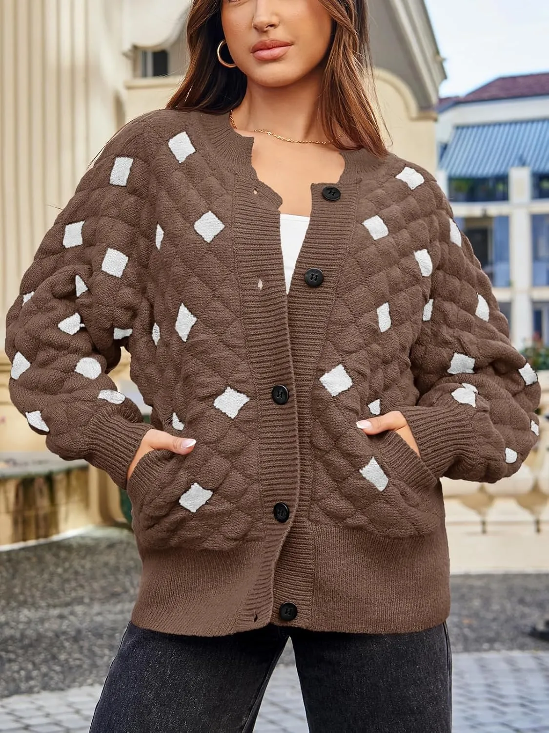 Saodimallsu Womens Chunky Cardigans Button Down Long Sleeve Open Front Plaid Knit Loose Fall Sweater Coats
