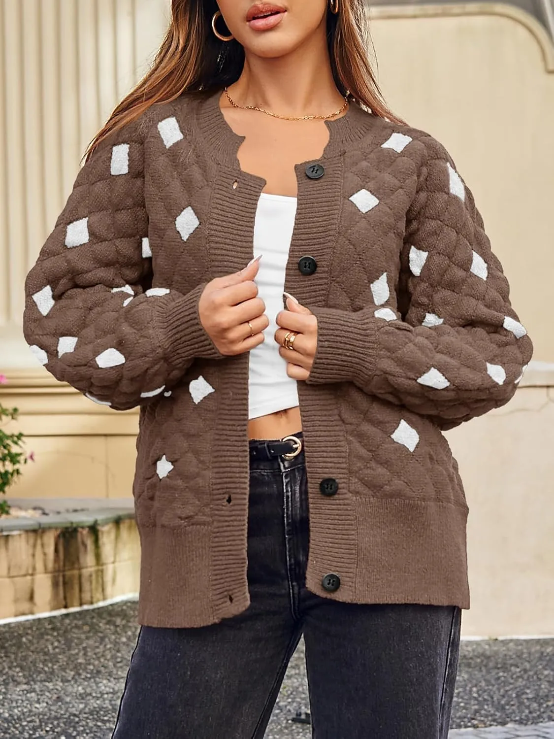 Saodimallsu Womens Chunky Cardigans Button Down Long Sleeve Open Front Plaid Knit Loose Fall Sweater Coats