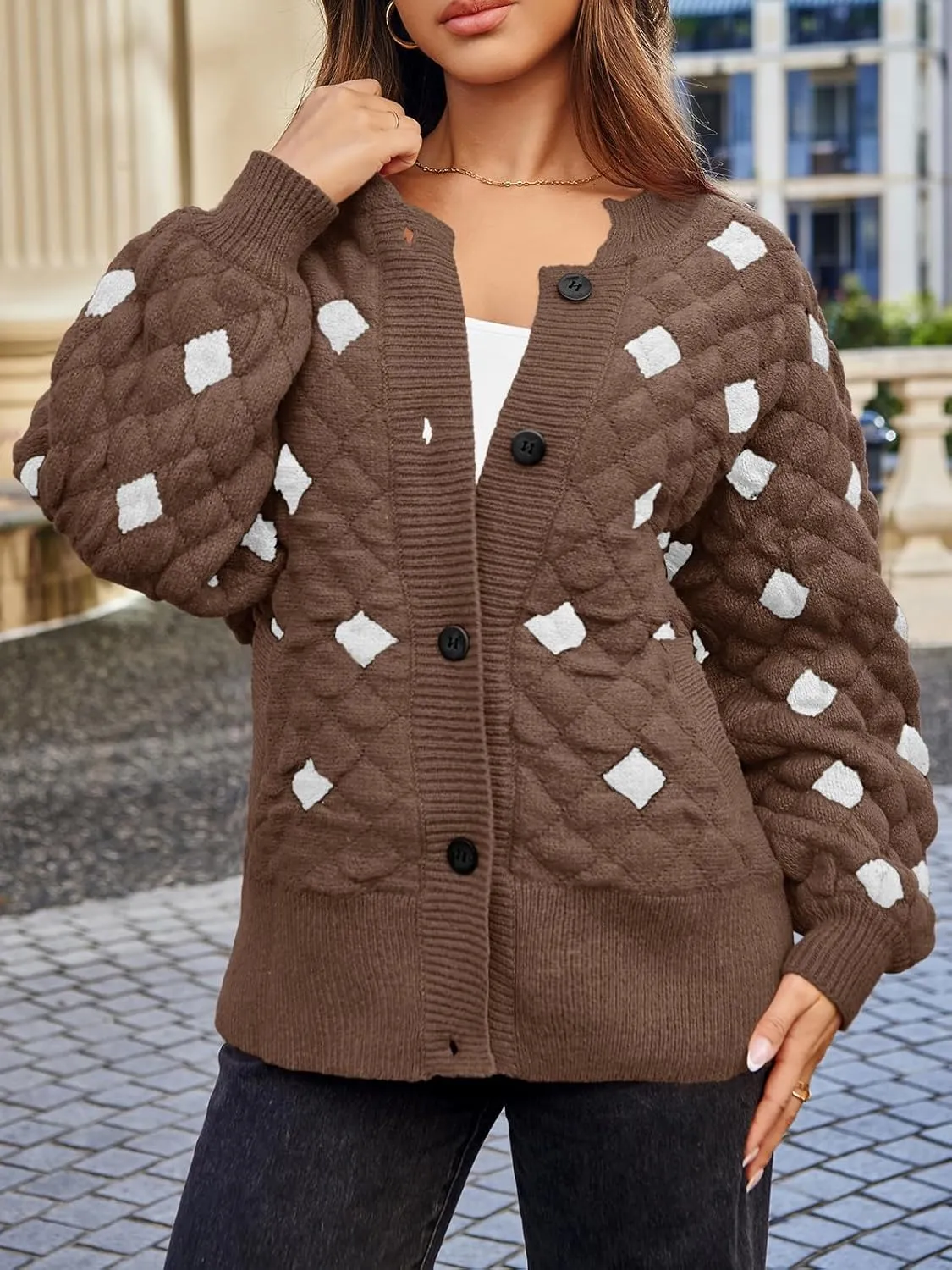 Saodimallsu Womens Chunky Cardigans Button Down Long Sleeve Open Front Plaid Knit Loose Fall Sweater Coats