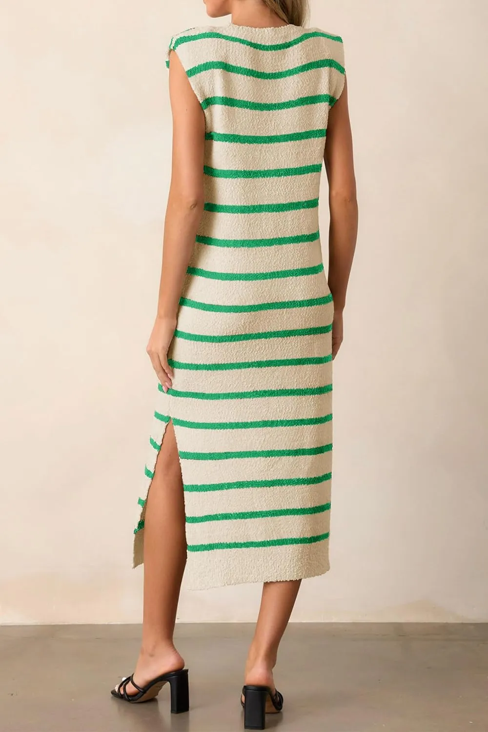 Saodimallsu Womens Striped Summer Midi Dress Sleeveless Crew Neck Sexy Slit Knit Tank Long Dresses