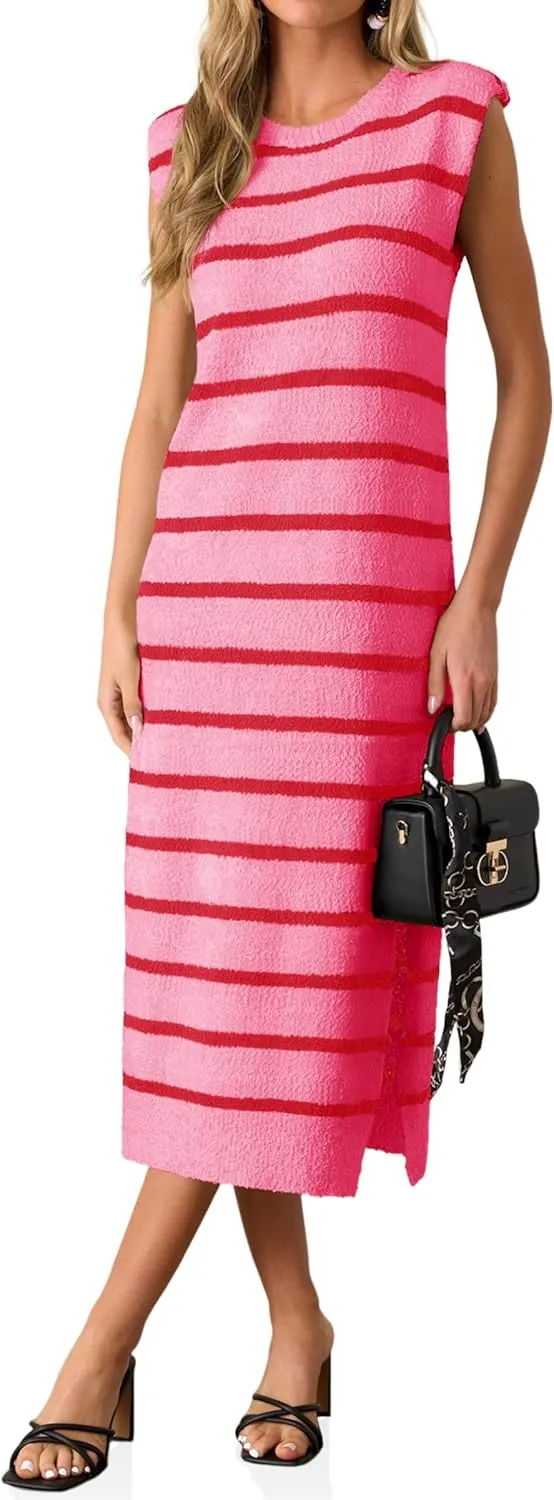 Saodimallsu Womens Striped Summer Midi Dress Sleeveless Crew Neck Sexy Slit Knit Tank Long Dresses