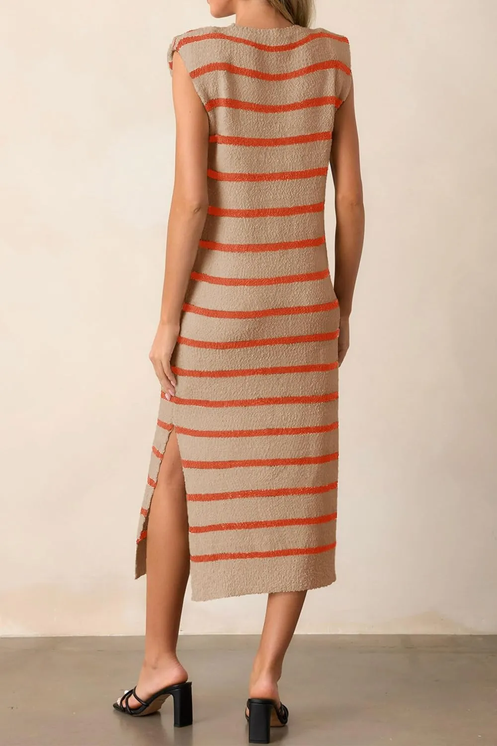 Saodimallsu Womens Striped Summer Midi Dress Sleeveless Crew Neck Sexy Slit Knit Tank Long Dresses