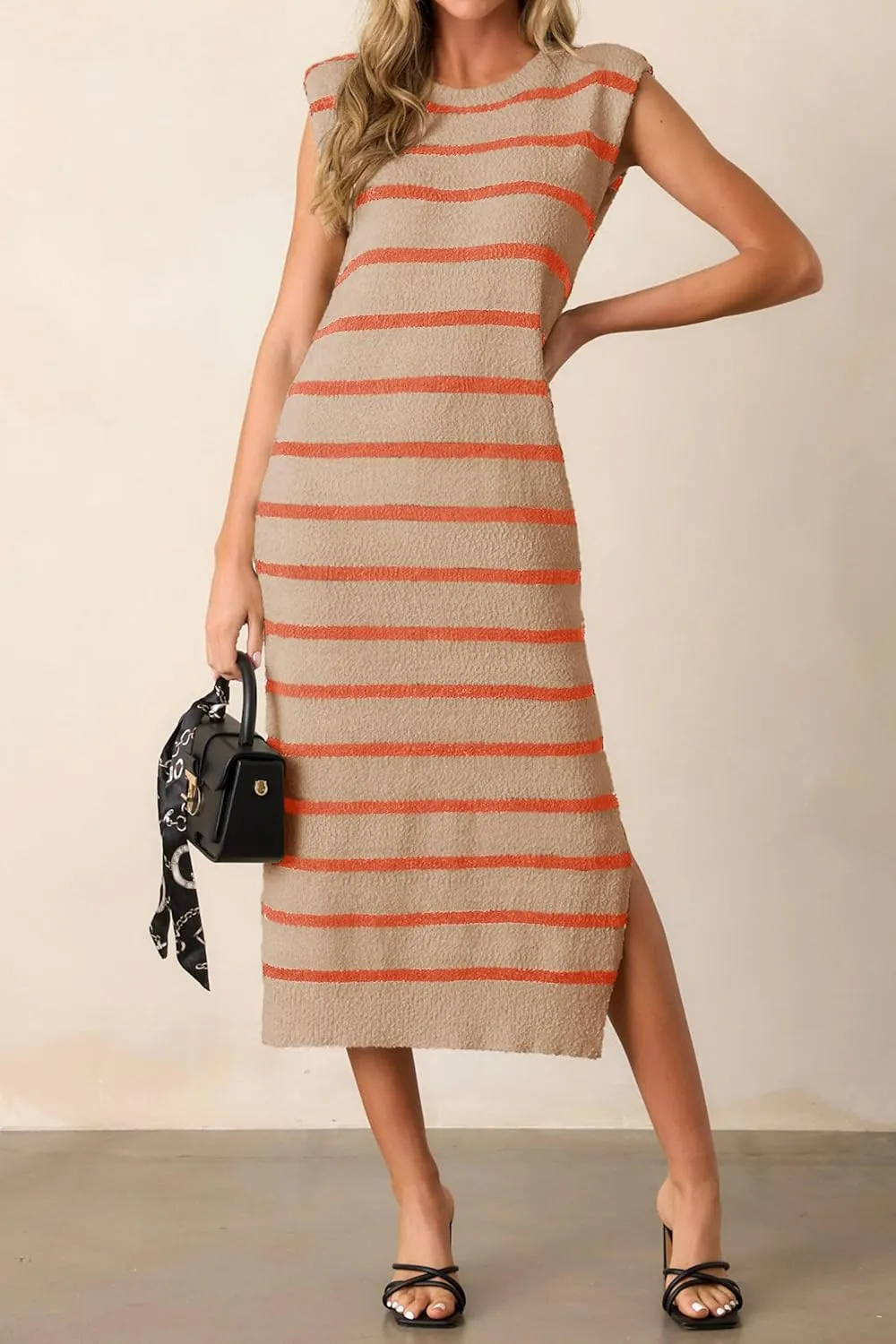Saodimallsu Womens Striped Summer Midi Dress Sleeveless Crew Neck Sexy Slit Knit Tank Long Dresses