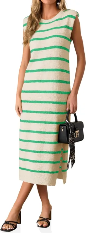 Saodimallsu Womens Striped Summer Midi Dress Sleeveless Crew Neck Sexy Slit Knit Tank Long Dresses