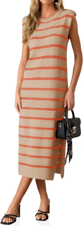 Saodimallsu Womens Striped Summer Midi Dress Sleeveless Crew Neck Sexy Slit Knit Tank Long Dresses