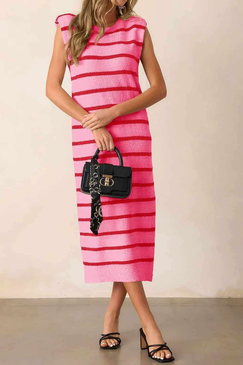 Saodimallsu Womens Striped Summer Midi Dress Sleeveless Crew Neck Sexy Slit Knit Tank Long Dresses