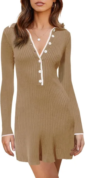 Saodimallsu Womens V Neck Long Sleeve Sweater Dress Button Down Collared Ribbed Knit Slim Fit Bodycon Mini Dresses