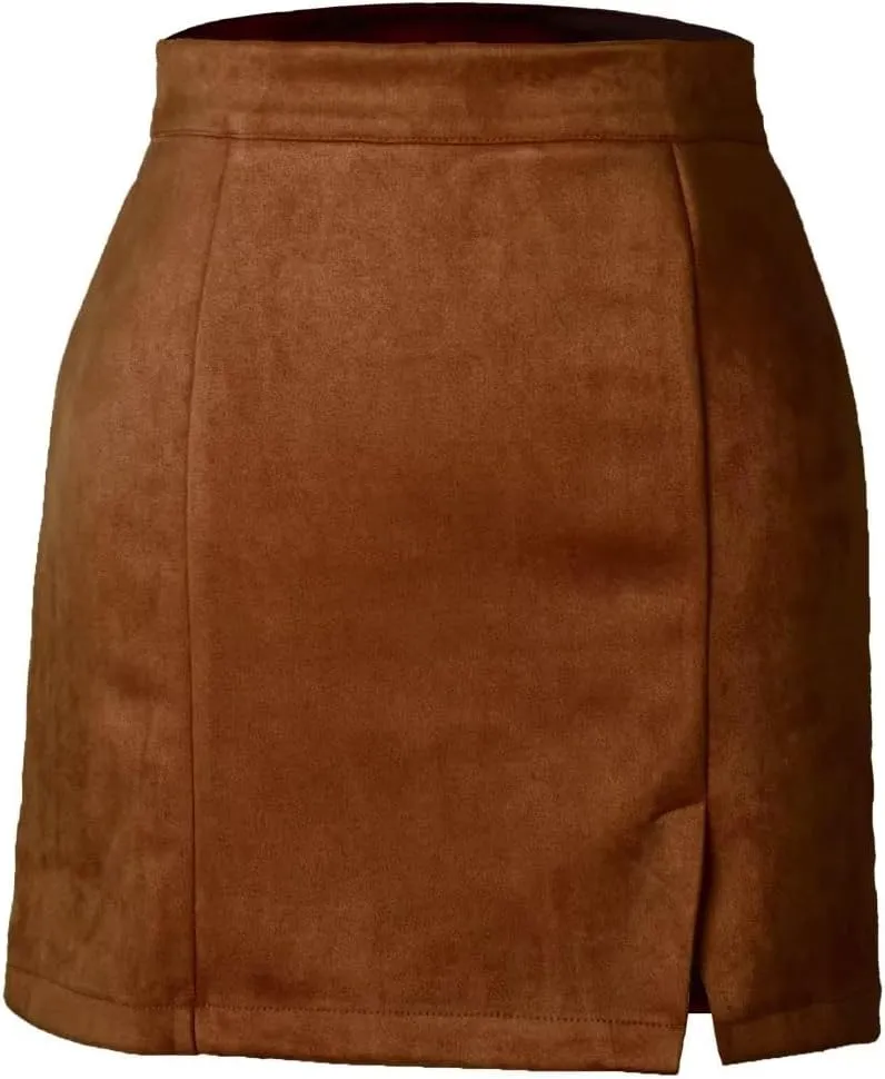 Sheface Women's Faux Suede Wrap Hip Short Skirt High Waist Zipper Side Split A-Line Mini Bodycon Skirt
