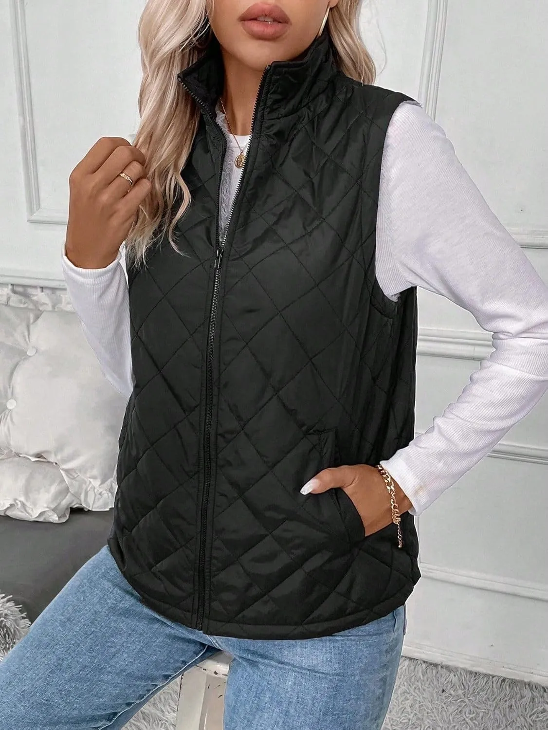 SKAYS Women's Stand Collar Lightweight Quilted Vest Zip Up Sleeveless Outwear Jacket with Pockets