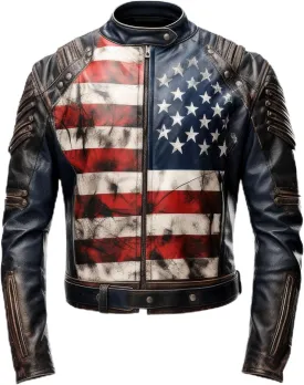 The Next Mens Distressed Inspired by American Flag USA Casual Motorcycle Zipper Coat With USA Flag Genuine Leather Jackets