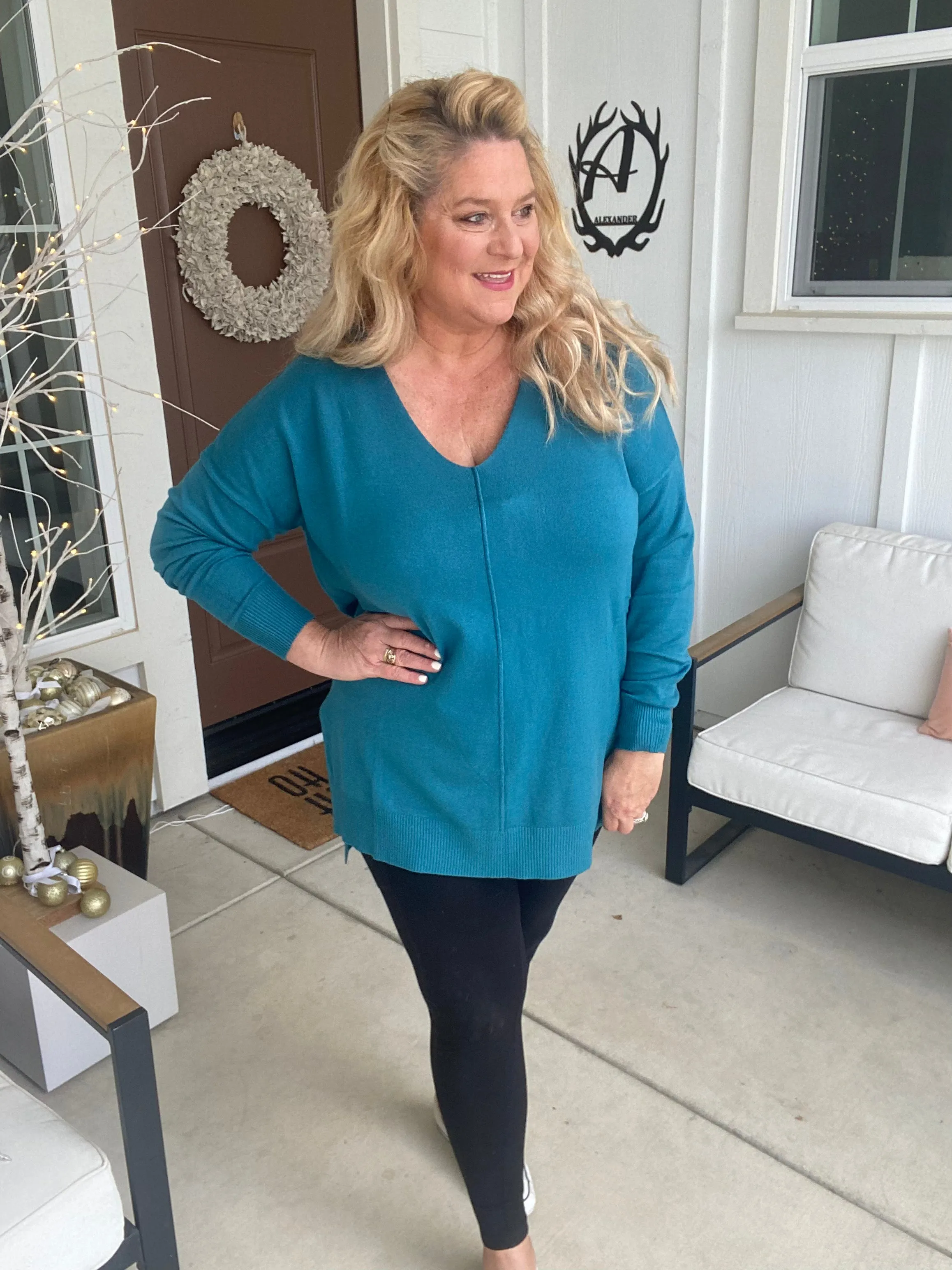 V-Neck Center Seam Viscose Sweater Teal